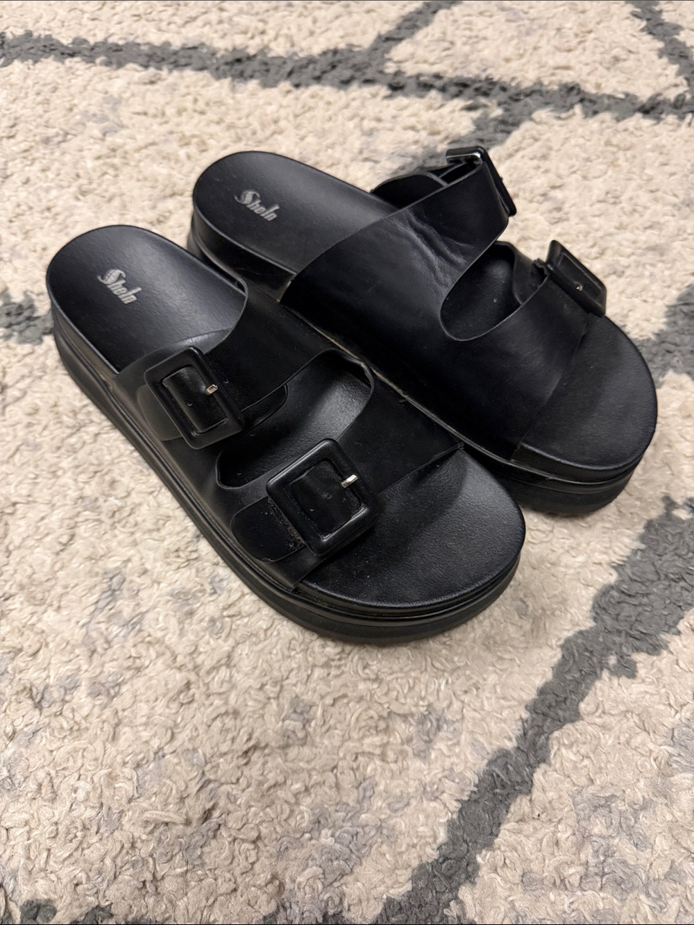 SHEIN Black Dual Buckle Platform Slide Sandals